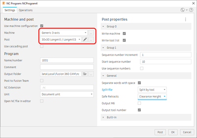 Screen shot of Fusion 360 Post Processor defined